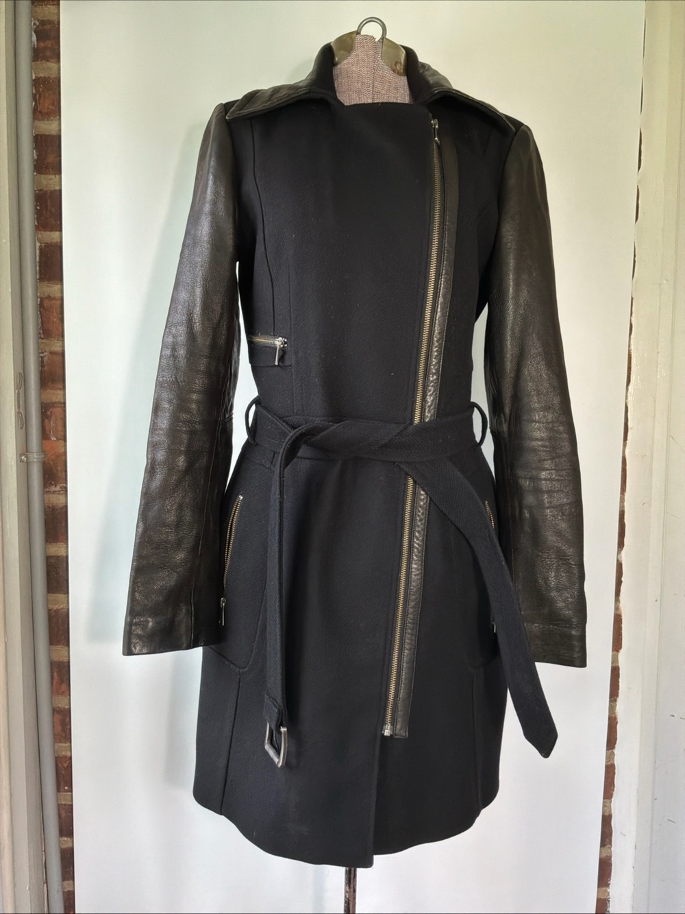 Andrew Marc X Richard Chai  Wool / Lamb Skin Leather Trench Coat Jacket Size